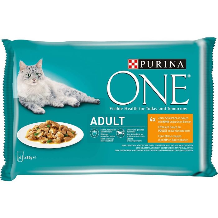 PURINA ONE Adult Katzenfutter nass zarte Stückchen in Sauce mit Huhn (1er Pack (4 x 85g))